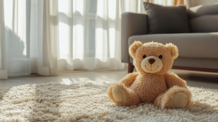 Brown bear toy resting on a fluffy rug in a living room generative ai