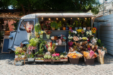 A flower shop set up in a vintage van