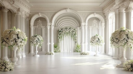 Naklejka premium A grand, white room with arches, columns, and white floral arrangements.