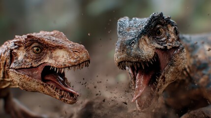 Amidst swirling dust, two dinosaurs are locked in a ferocious battle, capturing the raw power and...