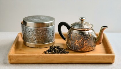 Ornate silver teapot & tea caddy