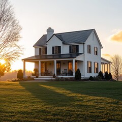 Modern farmhouse with wraparound porch and expansive front yard