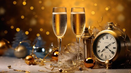 New Year's Eve Celebration with Champagne and Clock