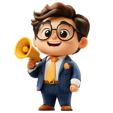 A colorful 3D animated businessman character holding a megaphone, standing out on a white background in cartoon style.