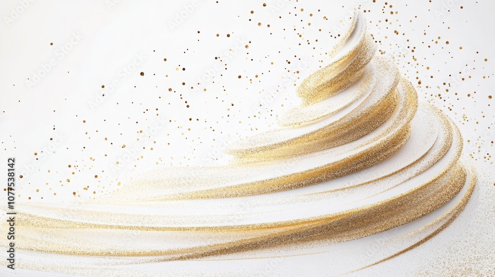 Poster Delicate golden swirls of glitter cascade elegantly on a pristine white background, reflecting soft light. The patterns evoke a sense of movement and festivity, creating a visually striking contrast.
