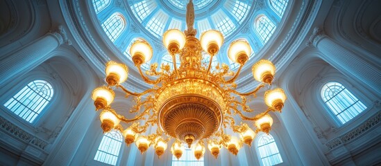 Obraz premium Ornate gold chandelier hangs from a vaulted ceiling in a grand hall, illuminated by natural light pouring through windows.