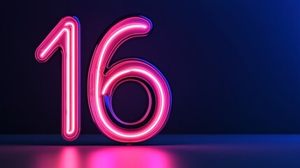 Glowing Neon Number 16, Sixteen On Blue Background, Numeral, 3D Render, Electric Style,