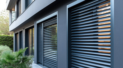Fototapeta premium Modern residential building exterior with blue horizontal window shutters and surrounding greenery.
