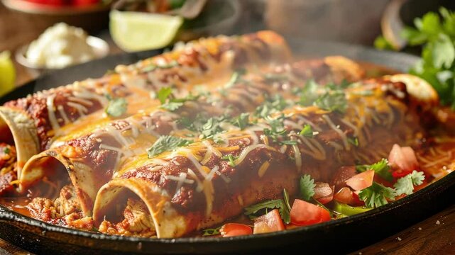Steaming Enchiladas Verdes with Melting Cheese and Fresh Herbs on Skillet