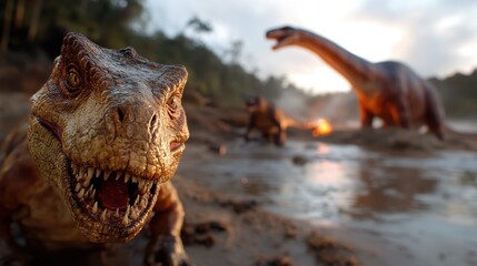 A close-up of a roaring dinosaur with two others in the background, one of them sauropod-like, in a...