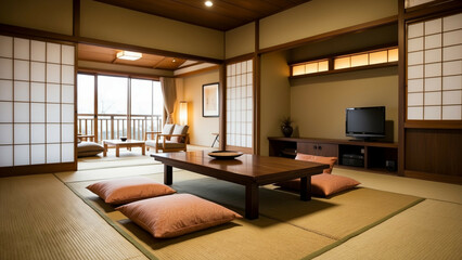 Design a Japanese-themed dining room with a blend of traditional and modern elements: a wooden table with bench seating, soft tatami mats, and large, floor-to-ceiling windows that look out onto a zen 