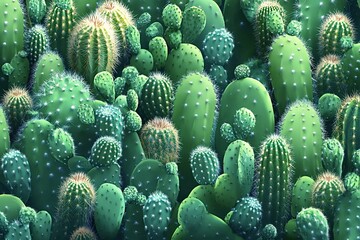 Various types of cacti thriving in a dense, vibrant garden, creating a textured landscape under the warm glow of sunlight