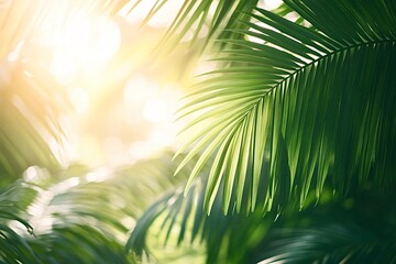 Basking in warm sunlight among lush green palm leaves, this tranquil tropical scene exudes serenity and calm, perfect for a relaxing summer vacation or peaceful escape
