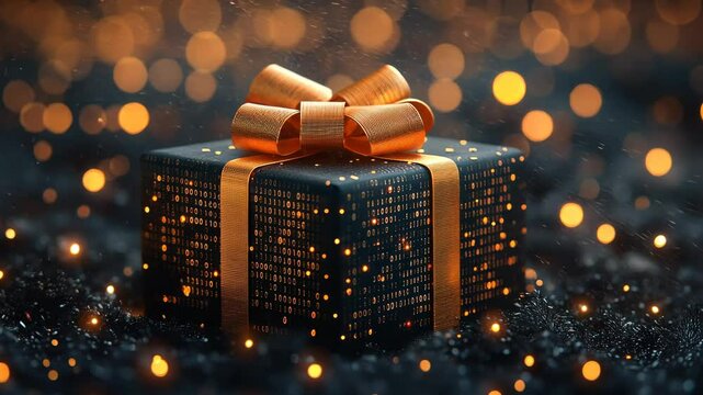 Gift box with binary code pattern and golden ribbon, festive concept