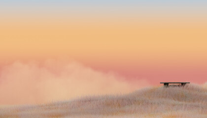 Lonely bench on a hill with white grass