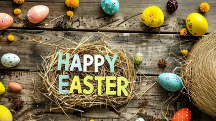Rustic Easter celebration theme with eggs nestled in straw, wooden backdrop, and festive lettering