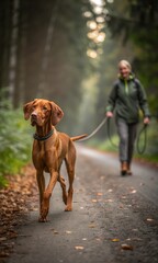 Young Female Handler Walks a Magyar Vizsla Dog on a Forest Path During a Cloudy Day. Generative AI