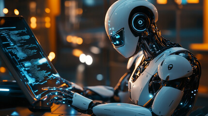 Fototapeta premium A team works together to create a plan for their business. They launch a new project using AI, where robots help them achieve their goals.