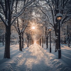 Trees covered with snow. Beautiful winter panorama. Fantastic winter landscape.