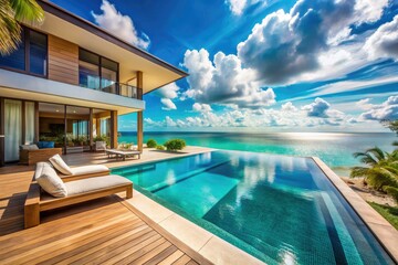 Fototapeta premium Vintage Minimalist Beachfront Villa with Infinity Pool and Ocean View for Luxury Travel Marketing and Real Estate Listings