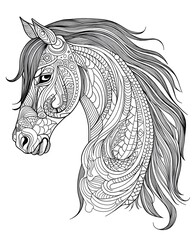 Intricate Mandala Horse Line Art Illustration on White Background