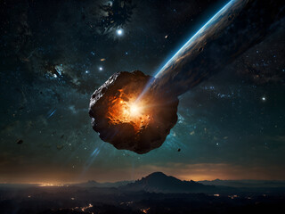 Asteroid Apophis in the background of the Earth, creating a sense of danger.