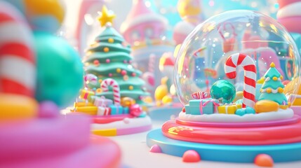A festive snow globe filled with vibrant, multicolored candies, creating a whimsical holiday scene.