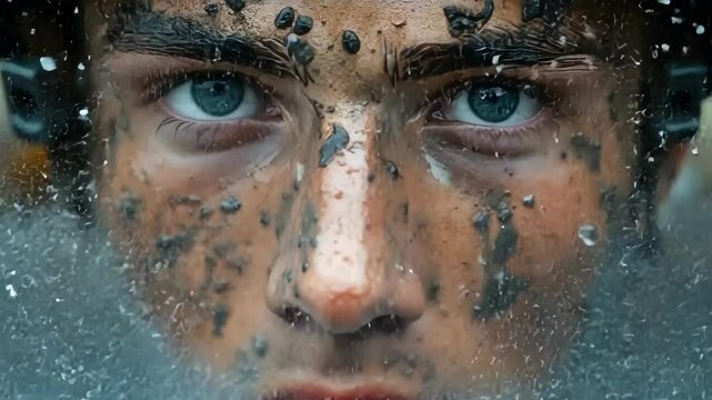 A close-up of a soldier's face, helmeted and covered in mud and water, reflects determination and resilience amid challenging conditions.