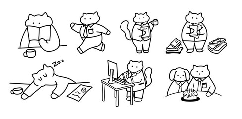 Office Cats: Cute Hand-Drawn Set | Minimalist Doodle Vector for Work and Cat-Themed Designs