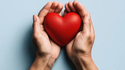 Obraz premium Person holding a red heart-shaped object in cupped hands against a blue background, symbolizing care, love, and protection.