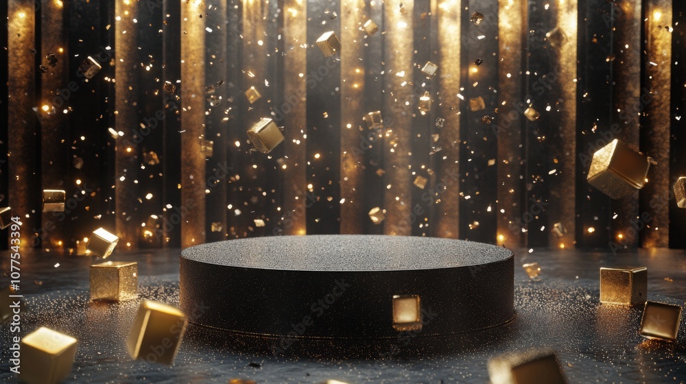 Leinwandbilder a circular platform sits prominently in a dimly lit environment, illuminated by beams of light. surr