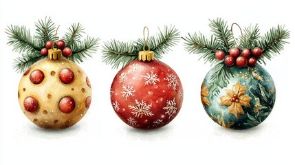 Naklejka premium Three festive Christmas ornaments dangle from a tree branch, sparkling in holiday cheer against a wintery backdrop.