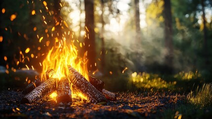 Campfire Glowing Brightly in a Misty Forest at Dawn, Natural Setting with Warm Light and Soft Foliage, Creating a Cozy and Inviting Atmosphere