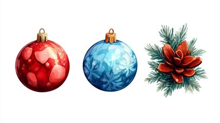 Three festive Christmas ornaments with pine cones on a white background, capturing a classic holiday vibe.