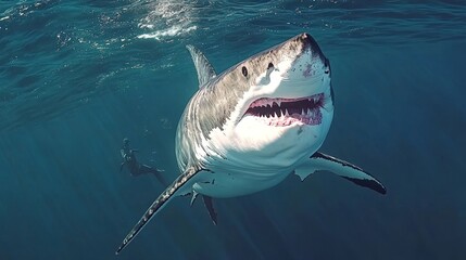 Great White Shark with Open Jaws Swimming in Clear Blue Water, a Diver is Visible in the Background.