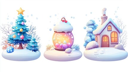 A charming winter scene with a cozy house, snow-laden tree and a whimsical snow globe, evoking holiday cheer.