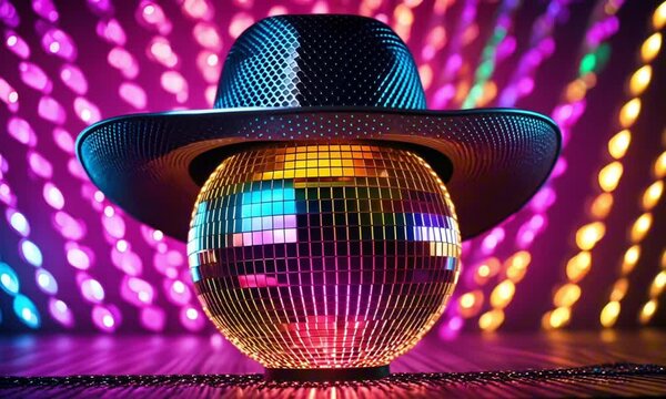 disco ball with a cowboy hat on it circling reflecting pink neon disco lights