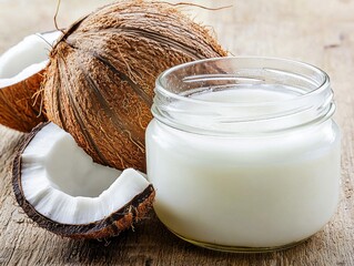 Organic Coconut Oil in a Jar Next to a Rustic Wooden Background with Whole and Cut Coconut Halves Showcasing Natural Ingredients for Healthy Living