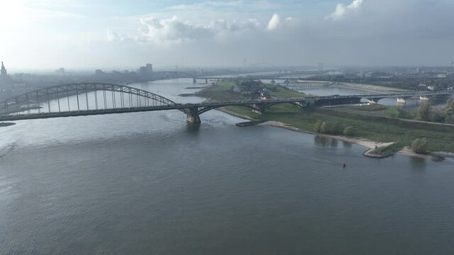 Aerial video of the room for the river project at the Dutch city of Nijmegen, with constructed additional waterway to provide more space for the Waal river during high water, future proof design