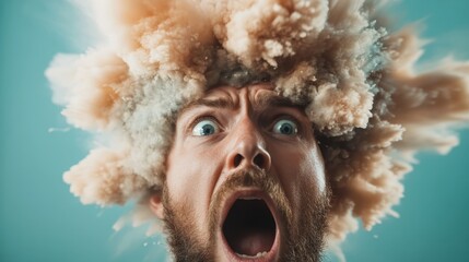 A man's head erupts into a dynamic, bursting cloud, capturing a sense of shock and amazement with vivid colors and intense detail, symbolizing a creative explosion.