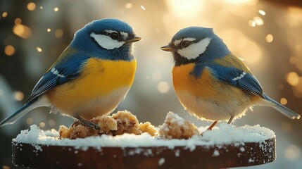 Naklejka premium Two Blue Tits Perched on a Snowy Feeder
