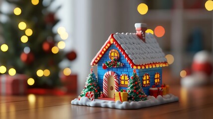 A quaint blue house adorned with festive lights, with a glowing Christmas tree in the background, evoking holiday warmth.