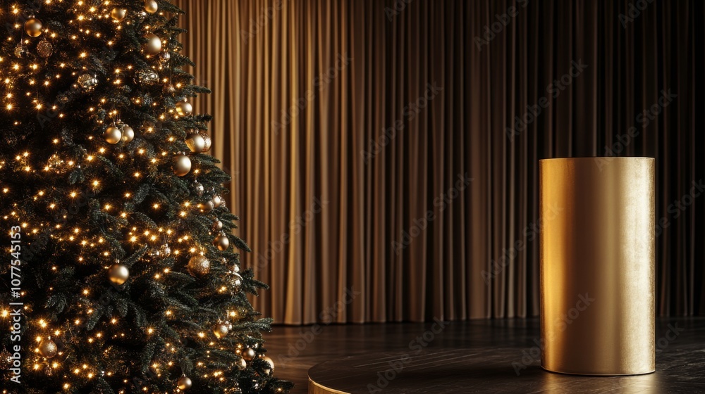 Poster the scene features an elegantly adorned christmas tree illuminated with soft lights, nestled beside 
