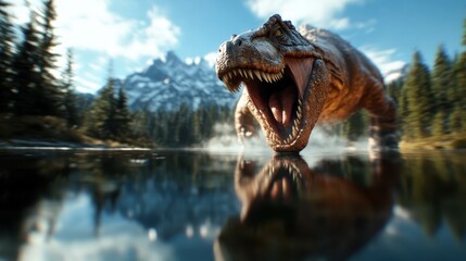 A dramatic dinosaur stands in a powerful pose by the water's edge, roaring fiercely, set against a...