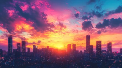 Fototapeta premium A vibrant sunset over a cityscape with clouds in shades of pink, orange, and blue.