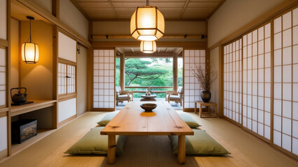 Design a Japanese-style dining room with a minimalist aesthetic, featuring a low wooden table, floor cushions for seating, and tatami mat flooring. Add shoji screen partitions and soft, warm lighting 