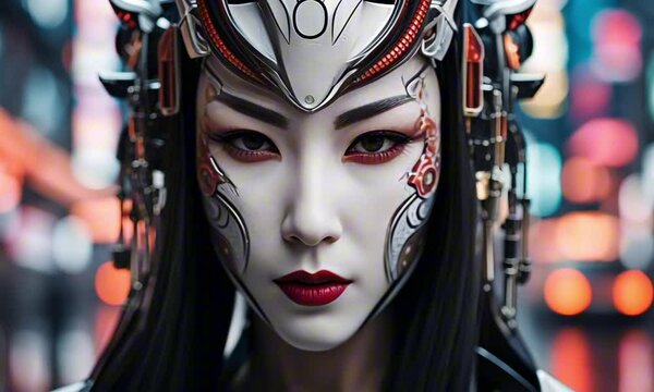 gorgeous female cyberpunk samurai with white porcelain skin
