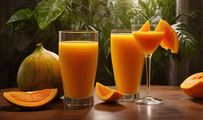 Appetizing juices in clear glasses, soft yellow hues.