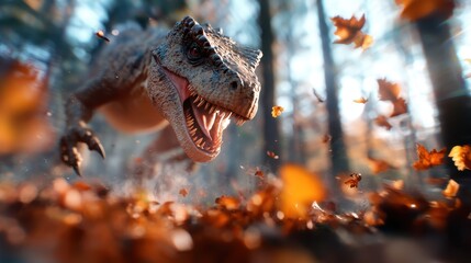 A fierce dinosaur roars amidst the vibrant autumn forest, with vivid orange leaves swirling around,...