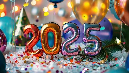 Vibrant New Year 2025 celebration with balloons, confetti, and festive decorations